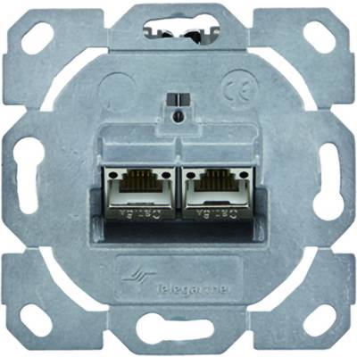 Wandmontierte Metall-Datendose mit zwei RJ45-Netzwerkanschlüssen, frontal auf einem Befestigungsrahmen dargestellt.