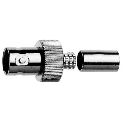 Nahaufnahme eines Metall-Koaxialsteckers mit gerilltem Kupplungsring und getrennten zylindrischen Stecker- und Buchsenteilen.