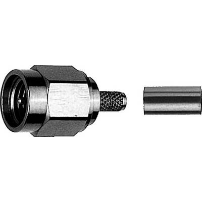 Metallischer koaxialer Steckkonnector mit einer separat daneben auf weißem Hintergrund gezeigten zylindrischen Hülse.