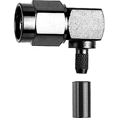Metallischer Rechtwinkel-Koaxialstecker mit einer separaten zylindrischen Hülse darunter auf weißem Hintergrund.