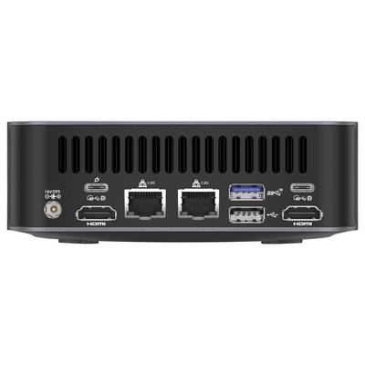 Rückseite eines kompakten Computers mit Lüftungsschlitzen und Anschlüssen: Stromversorgung, HDMI, zwei 2,5G-Ethernet, USB-A, USB-C und Dual-HDMI.