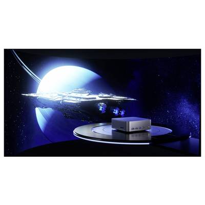 Futuristisches Raumschiff schwebend vor einem leuchtenden blauen Planeten, mit einem kleinen Desktop-Gerät auf einem Podest im Vordergrund.