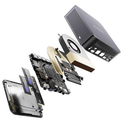 Explodierte Ansicht eines kompakten Mini-PCs mit internen Komponenten: Gehäuse, Motherboard, Speicher, Kühlüfter und Speicherlaufwerk.