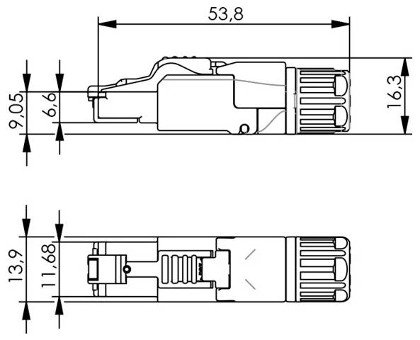 Technische Strichzeichnung eines Steckers in Seiten- und Draufsicht mit beschrifteten Abmessungen: 53,8, 16,3, 13,9, 11,68, 9,05 und 6,6.