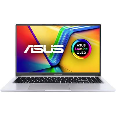 ASUS VivoBook mit OLED-Anzeigebildschirm mit lebendigen Farben und ASUS Lumina-Logo in einem kreisförmigen Abzeichen auf der rechten Seite.