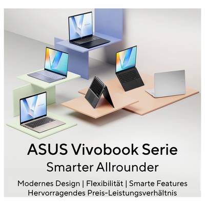 Fünf ASUS Vivobook-Laptops in verschiedenen Farben, auf modernen Plattformen präsentiert. Text hebt Design und Preis-Leistungs-Verhältnis hervor.