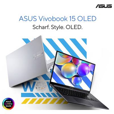 Zwei ASUS Vivobook 15 OLED Laptops, einer in Silber von hinten und einer offen mit buntem Bildschirm, darüber Text 'Scharf. Style. OLED.'