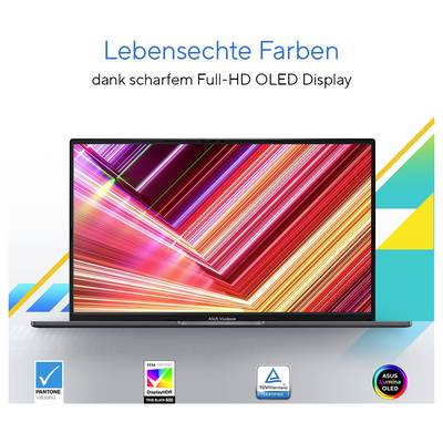 Ein ASUS Laptop mit Full-HD OLED Display zeigt lebendige Farben. Aufschrift: 'Lebensechte Farben dank scharfem Full-HD OLED Display'. Logos von Pantone, DisplayHDR und TÜV Rheinland.