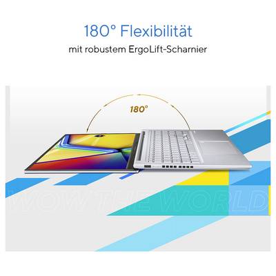 Ein Laptop mit einem 180° geöffneten Bildschirm, der robuste ErgoLift-Scharniereigenschaften zeigt, liegt flach auf einer Oberfläche.