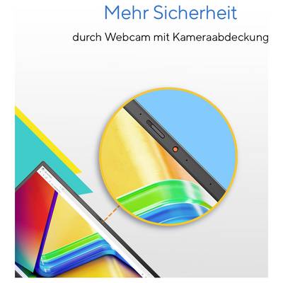 'Mehr Sicherheit durch Webcam mit Kameraabdeckung.' Bild zeigt Laptop mit aktivierter Kameraabdeckung und farbenfrohem Bildschirmhintergrund.