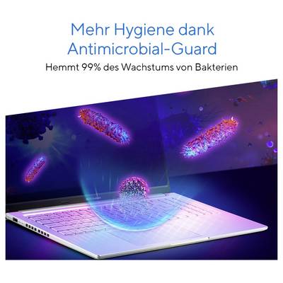 'Mehr Hygiene dank Antimicrobial-Guard' mit einem Laptop, umgeben von schematischen Darstellungen von Bakterien, die 99% Wachstum hemmen.