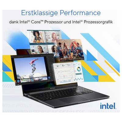 Ein Laptop mit offenem Bildschirm zeigt Fotos und Diagramme. Text: 'Erstklassige Performance dank Intel® Core™ Prozessor und Intel® Prozessorgrafik'. Logo: intel.