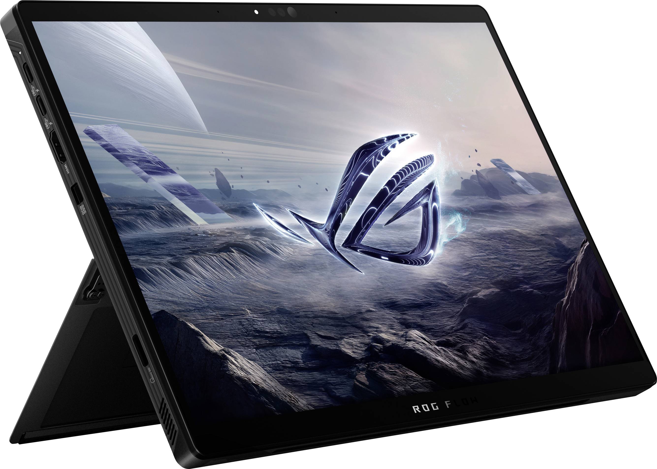 Ein Gaming-Tablet mit einer futuristischen Landschaft auf dem Bildschirm, die große Buchstaben „ROG" zeigt. Das Tablet hat einen Ständer und Anschlüsse an der Seite.