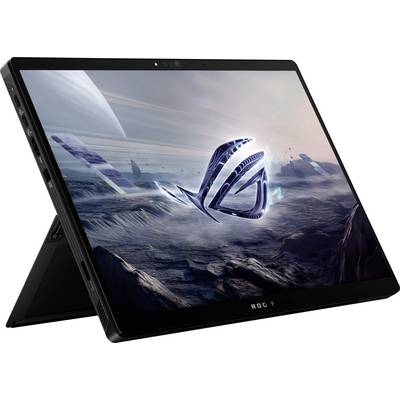 Ein Gaming-Tablet mit einer futuristischen Landschaft auf dem Bildschirm, die große Buchstaben „ROG" zeigt. Das Tablet hat einen Ständer und Anschlüsse an der Seite.