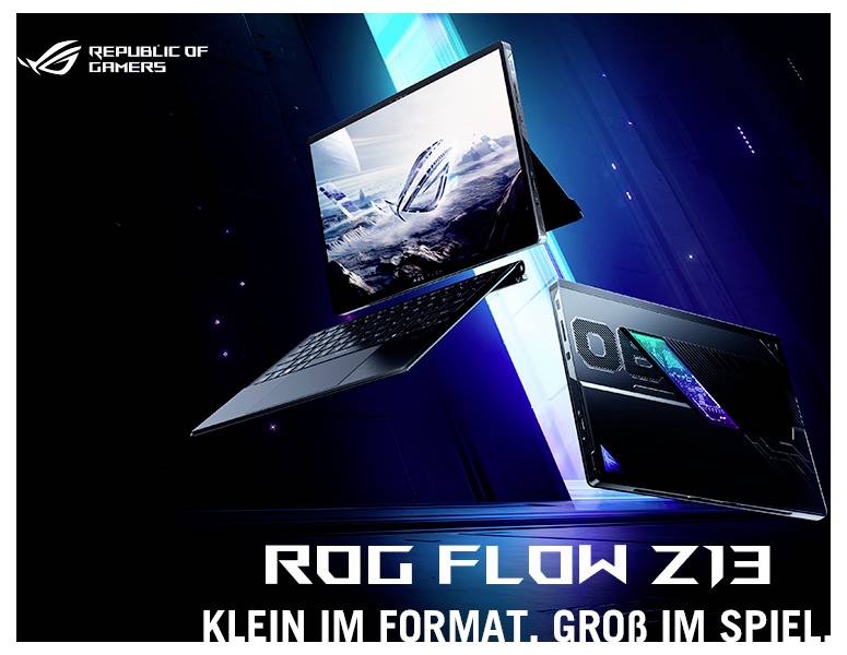 Ein Laptop und ein Tablet schweben in einer futuristischen Umgebung. Text: 'ROG FLOW Z13 - Klein im Format, groß im Spiel'. Markennamen oben links.