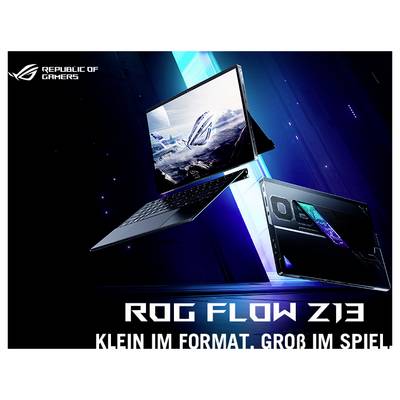 Ein Laptop und ein Tablet schweben in einer futuristischen Umgebung. Text: 'ROG FLOW Z13 - Klein im Format, groß im Spiel'. Markennamen oben links.