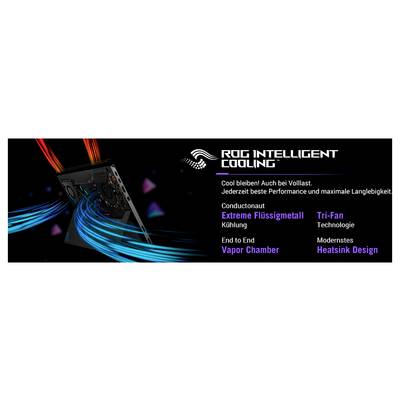 'ROG Intelligent Cooling' mit Conductonaut Flüssigmetallkühlung, Tri-Fan Technologie, Vapor Chamber und modernem Heatsink Design für hohe Leistung.