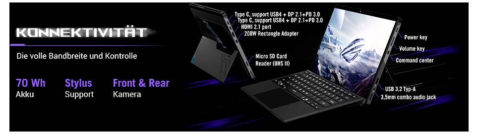 'Konnektivität' zeigt einen Laptop mit Tastatur. Links Textdetails: 70 Wh Akku, Stylus, Kamera. Rechts Ports: USB-C, USB-A, HDMI, 3,5 mm Audio.