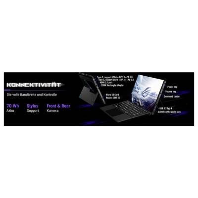 'Konnektivität' zeigt einen Laptop mit Tastatur. Links Textdetails: 70 Wh Akku, Stylus, Kamera. Rechts Ports: USB-C, USB-A, HDMI, 3,5 mm Audio.