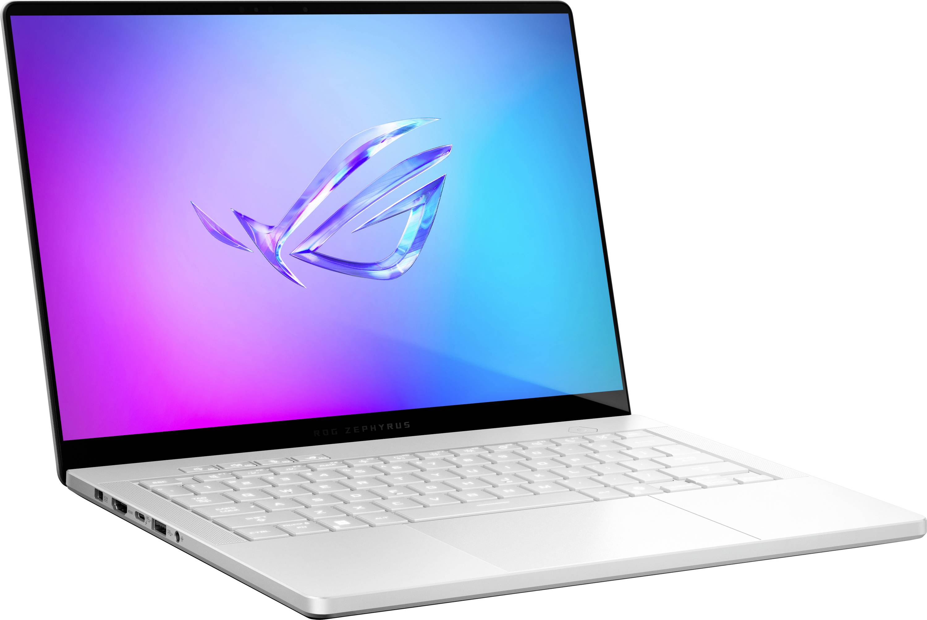 Ein eleganter Laptop mit einem leuchtenden Bildschirm, der ein digitales blau-rosa Logo anzeigt. Die Tastatur ist weiß mit minimalistische Gestaltung.
