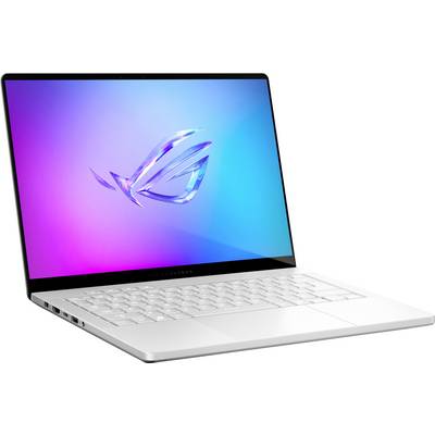 Ein eleganter Laptop mit einem leuchtenden Bildschirm, der ein digitales blau-rosa Logo anzeigt. Die Tastatur ist weiß mit minimalistische Gestaltung.