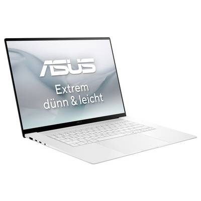 Ein schlankes, dünnes Asus-Laptop, das auf seinem Bildschirm den Text „Extrem dünn & leicht" anzeigt und sein schlankes und leichtes Design hervorhebt.