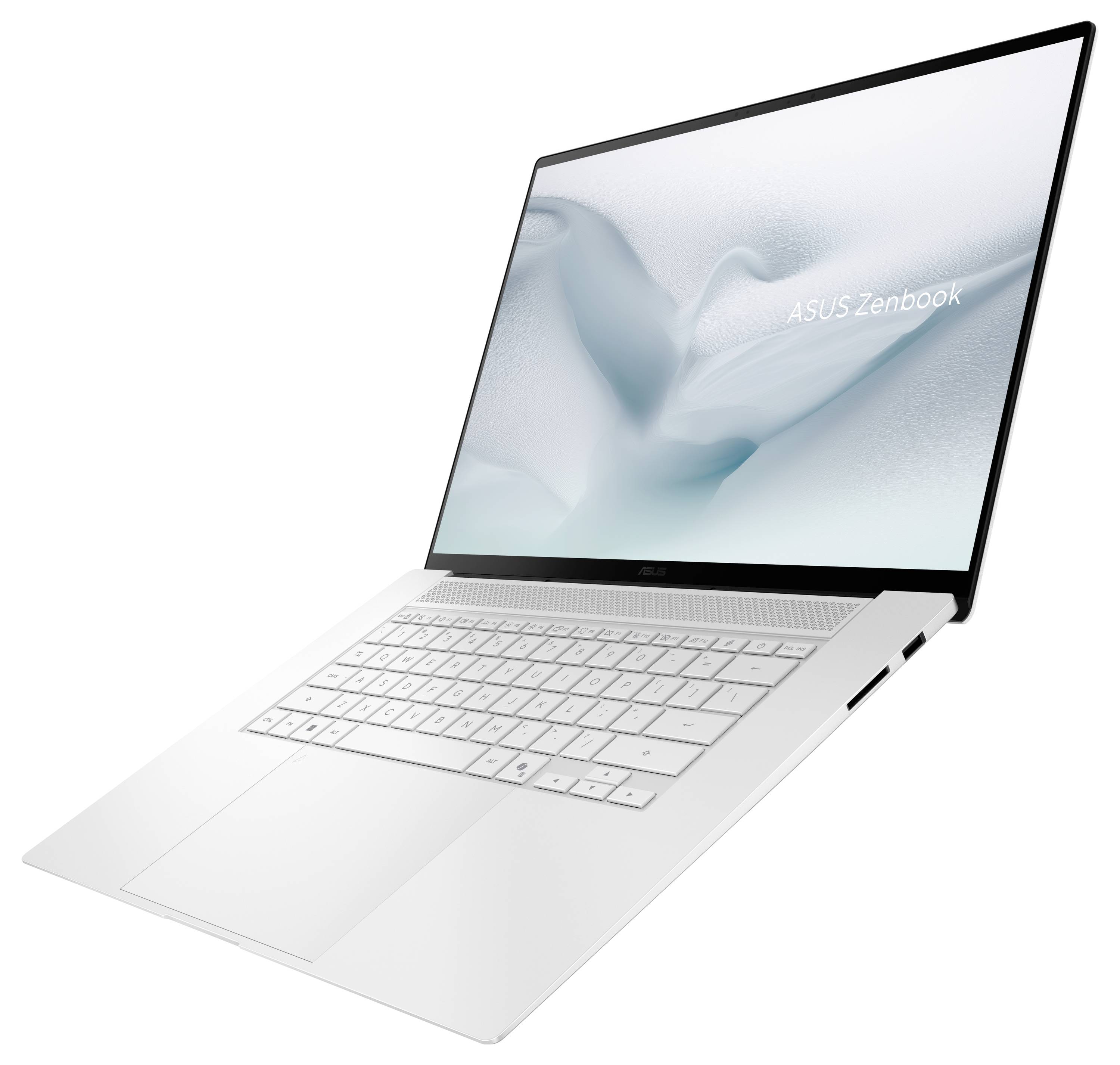 Draufsicht auf einen silbernen Laptop mit geöffnetem Bildschirm und einem großen zentrierten Trackpad auf weißem Hintergrund.