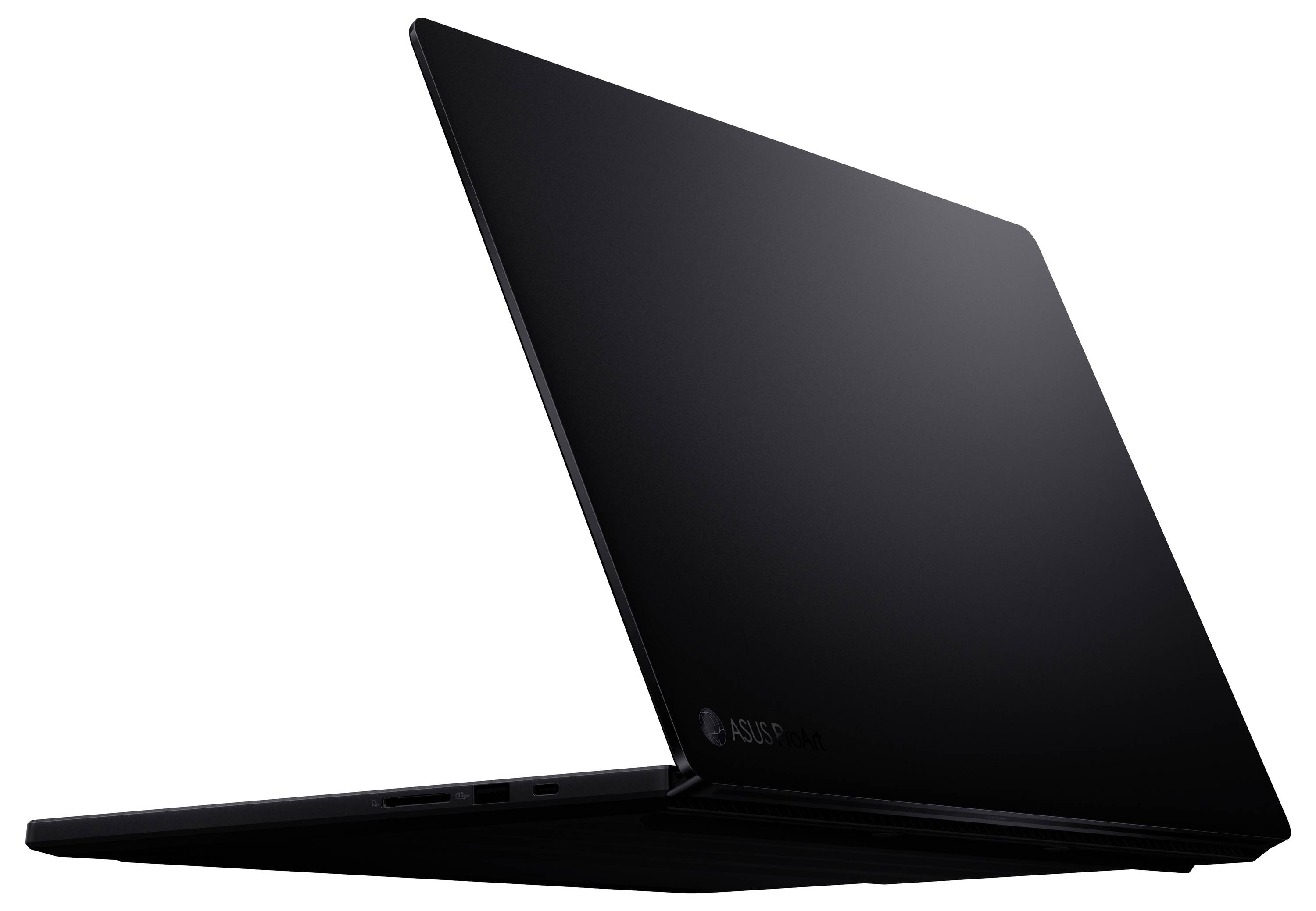 Ein schlanker, schwarzer Laptop, teilweise geöffnet, der sein dünnes Design und die minimalistische Ästhetik gegen einen einfachen Hintergrund zur Schau stellt.