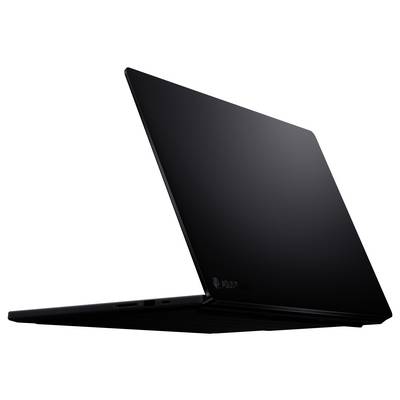 Ein schlanker, schwarzer Laptop, teilweise geöffnet, der sein dünnes Design und die minimalistische Ästhetik gegen einen einfachen Hintergrund zur Schau stellt.