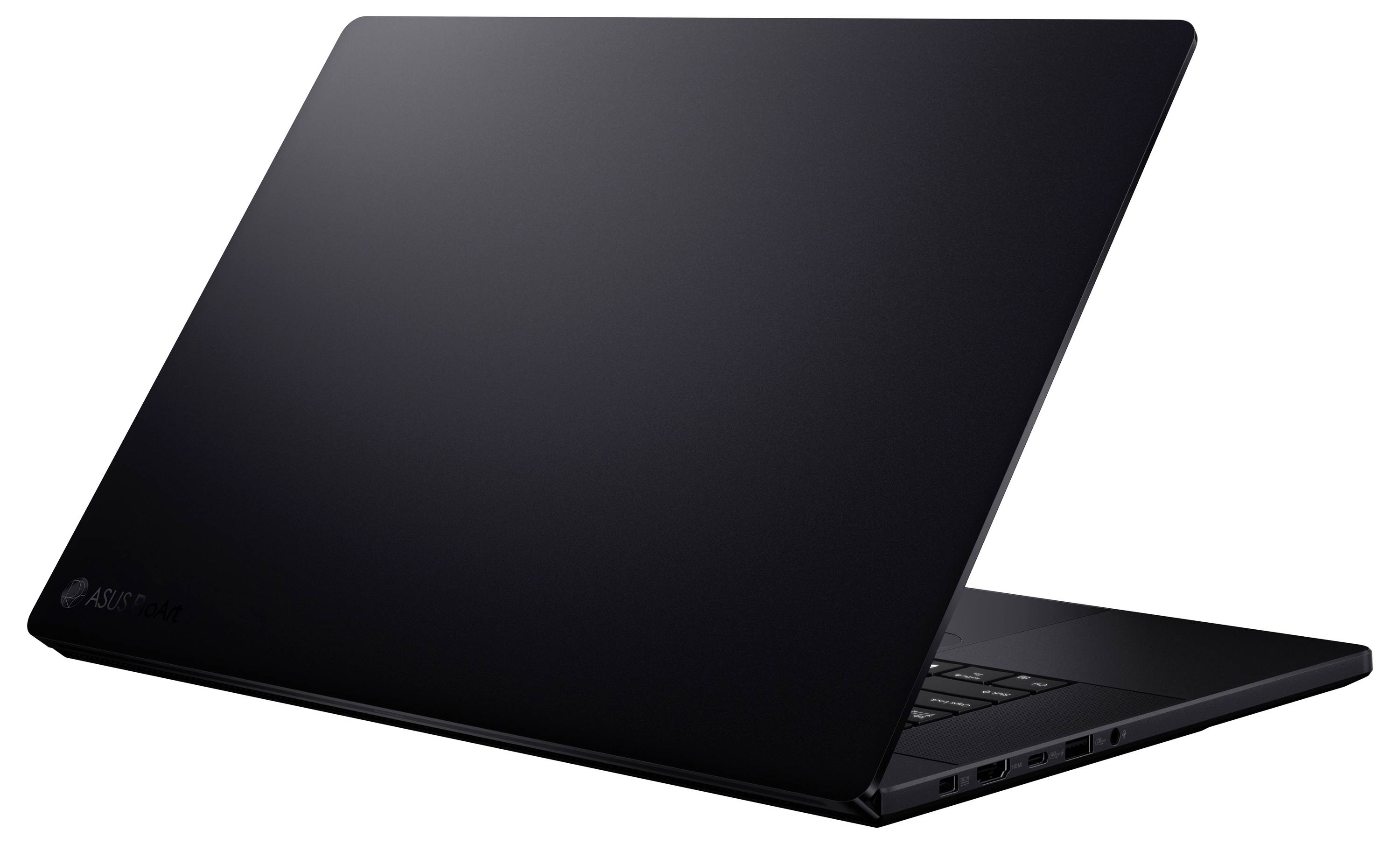 Ein schlanker schwarzer Laptop von der Seite gesehen, der ein schmales Profil und einen teilweise geöffneten Bildschirm zeigt.