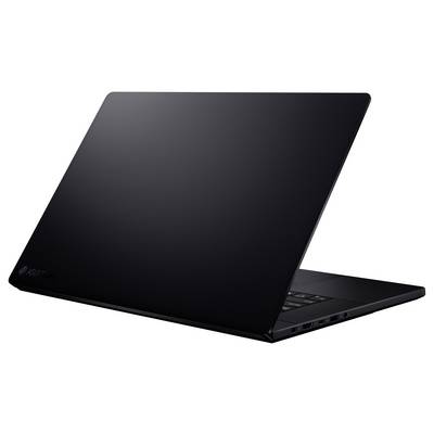 Ein schlanker schwarzer Laptop von der Seite gesehen, der ein schmales Profil und einen teilweise geöffneten Bildschirm zeigt.