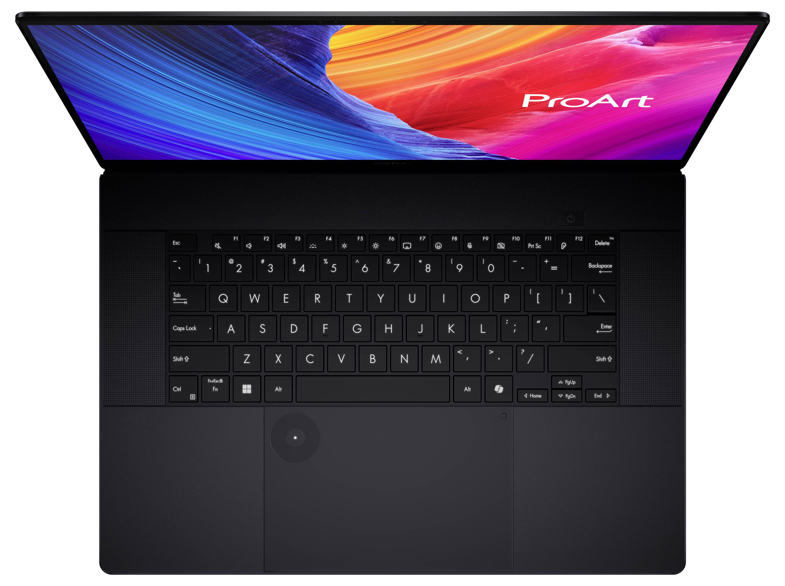 Ein Laptop mit einem farbenfrohen Bildschirm, auf dem „ProArt" in der oberen rechten Ecke angezeigt wird, von oben betrachtet, mit schwarzer Tastatur und Touchpad.