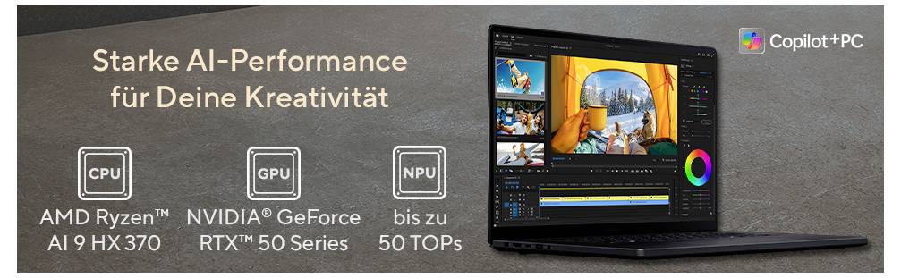 Laptop mit Videoschnitt-Software; Text: Starke AI-Performance für Deine Kreativität; AMD Ryzen AI, NVIDIA GeForce RTX.