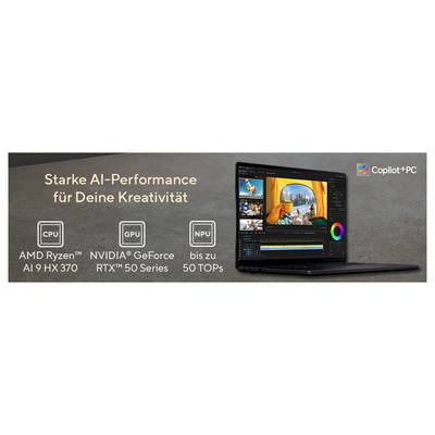 Laptop mit Videoschnitt-Software; Text: Starke AI-Performance für Deine Kreativität; AMD Ryzen AI, NVIDIA GeForce RTX.