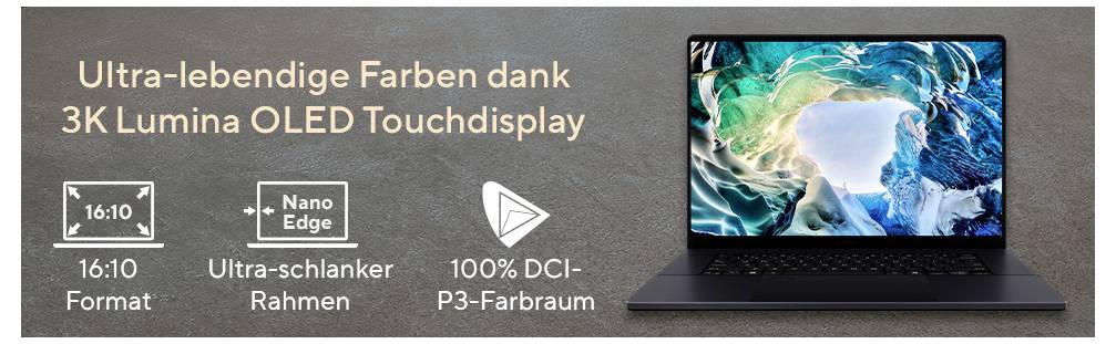 Ein elegantes Laptop mit lebendigen Meeresbildern auf seinem 3K Lumina OLED-Touchdisplay. Features: 16:10-Format, Nano Edge, 100% DCI-P3-Farbabdeckung.
