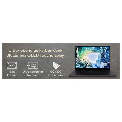 Ein elegantes Laptop mit lebendigen Meeresbildern auf seinem 3K Lumina OLED-Touchdisplay. Features: 16:10-Format, Nano Edge, 100% DCI-P3-Farbabdeckung.