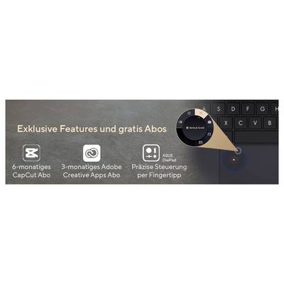Ein beige Kasten zeigt „Exklusive Features und gratis Abos": 6 Monate CapCut, 3 Monate Adobe Creative, präzise ASUS DialPad-Steuerung.
