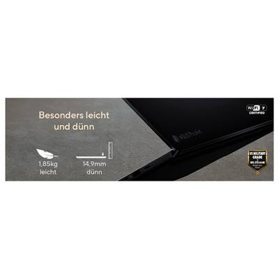 Schlankes und leichtes ASUS-Laptop. Text: Besonders leicht und dünn. Gewicht: 1,85 kg, Dicke: 14,9 mm. WiFi 7 zertifiziert. US-Militärstandard.