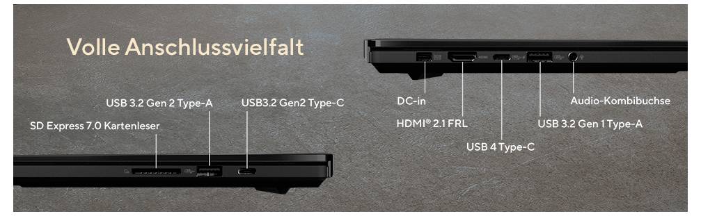 „Vollständige Anschlussvielfalt" gekennzeichnetes Bild eines Laptops mit Anschlüssen: SD Express 7.0-Kartenleser, USB 3.2 Gen 2 Typ-A, USB 3.2 Gen 2 Typ-C, USB 4 Typ-C, HDMI 2.1 FRL, Gleichstromeingang, USB 3.2 Gen 1 Typ-A, Audio-Kombo-Buchse.