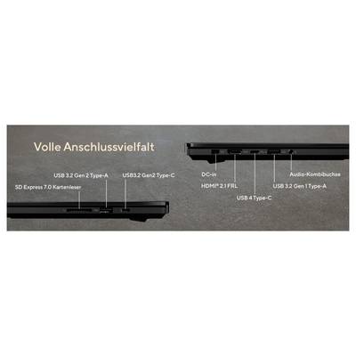 „Vollständige Anschlussvielfalt" gekennzeichnetes Bild eines Laptops mit Anschlüssen: SD Express 7.0-Kartenleser, USB 3.2 Gen 2 Typ-A, USB 3.2 Gen 2 Typ-C, USB 4 Typ-C, HDMI 2.1 FRL, Gleichstromeingang, USB 3.2 Gen 1 Typ-A, Audio-Kombo-Buchse.