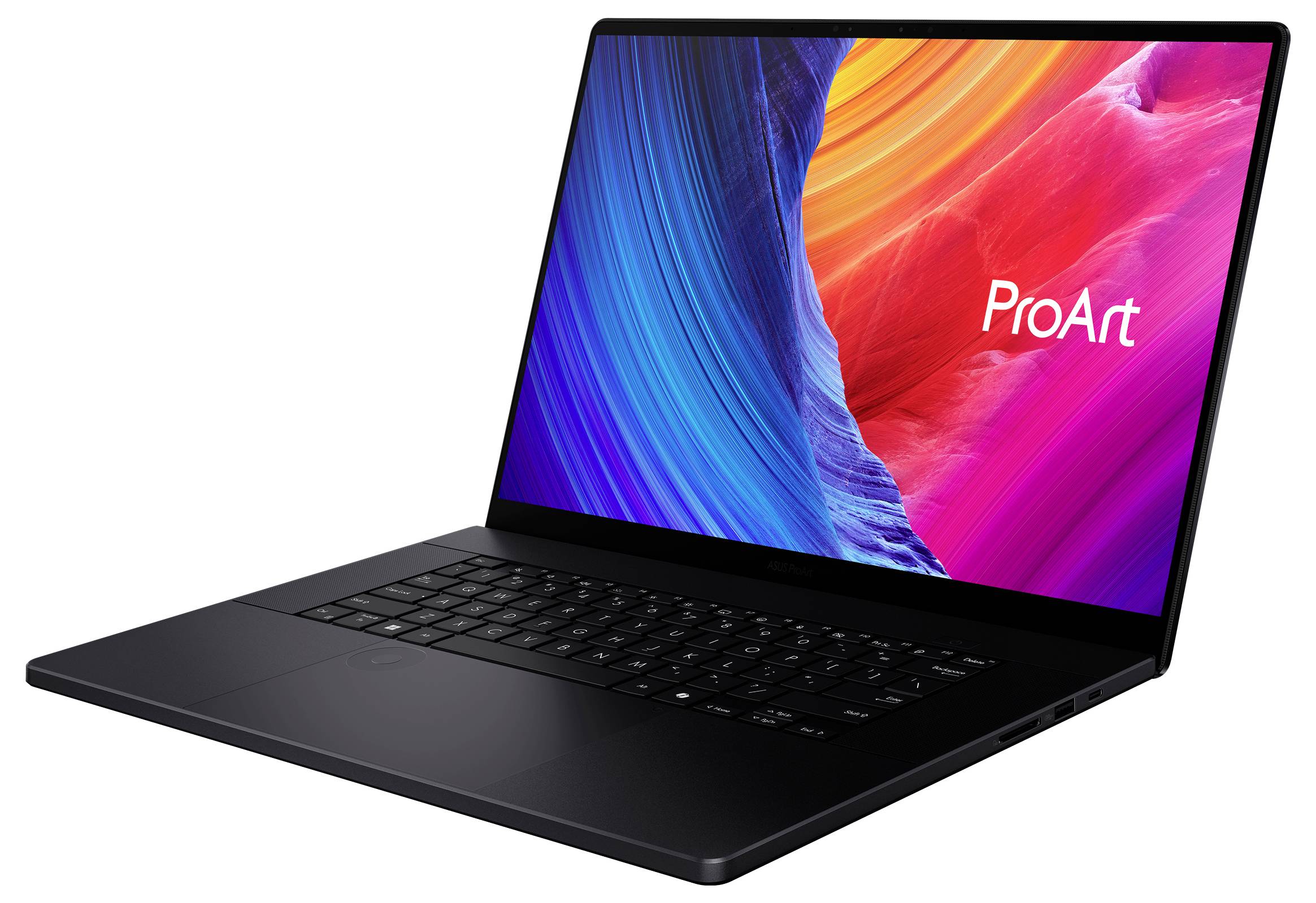 Schwarzer ASUS ProArt Laptop auf weißem Hintergrund, der einen farbenfrohen abstrakten Bildschirm mit dem Logo "ProArt" zeigt.