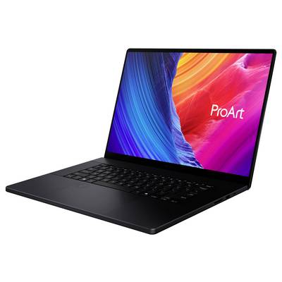 Schwarzer ASUS ProArt Laptop auf weißem Hintergrund, der einen farbenfrohen abstrakten Bildschirm mit dem Logo "ProArt" zeigt.