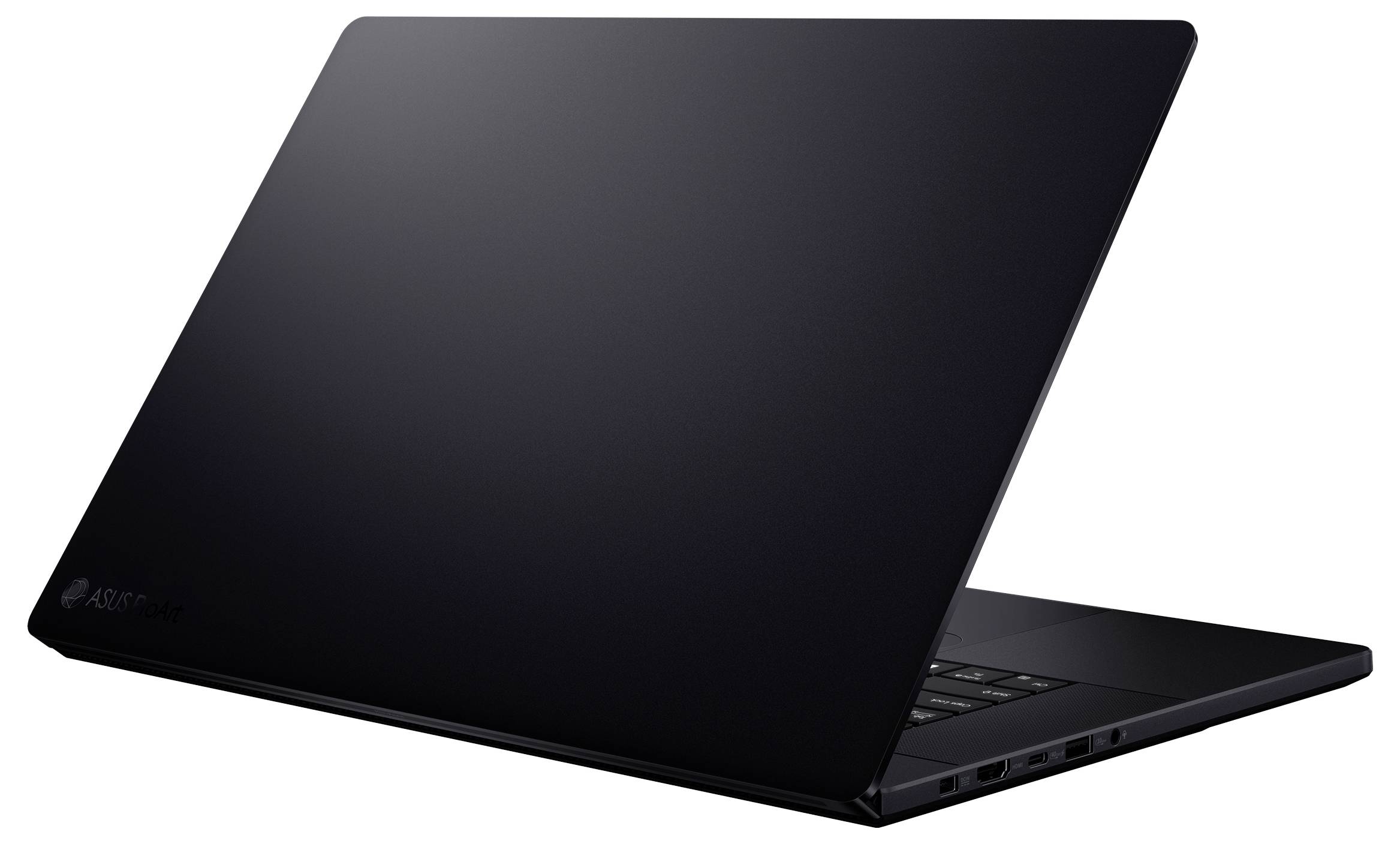 Schwarzer Lenovo-Laptop, teilweise geöffnet, auf weißem Hintergrund, von vorne links fotografiert.