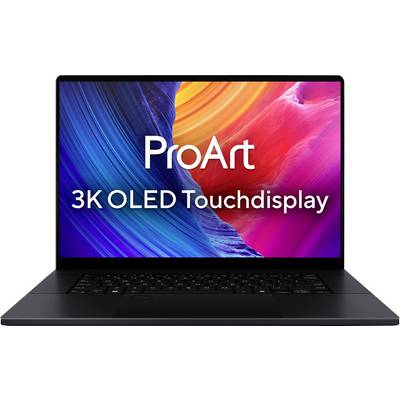 Ein Laptop mit einem lebendigen „ProArt 3K OLED Touchdisplay" zeigt bunte abstrakte Wellen und Farbverläufe.
