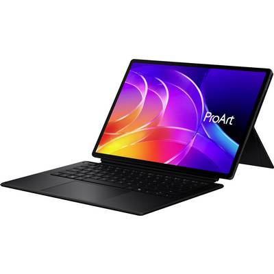 Ein Tablet mit Tastaturzubehör zeigt lebendige abstrakte Wirbel und den Text „ProArt" auf seinem Bildschirm an, was auf einen künstlerischen Fokus hindeutet.