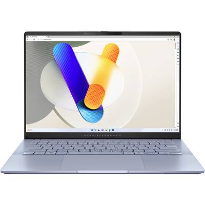 Ein eleganter Laptop zeigt abstrakte Formen auf seinem Bildschirm, einschließlich bunter 3D-Zylinder überlagert auf einem hellen Hintergrund mit App-Symbolen.