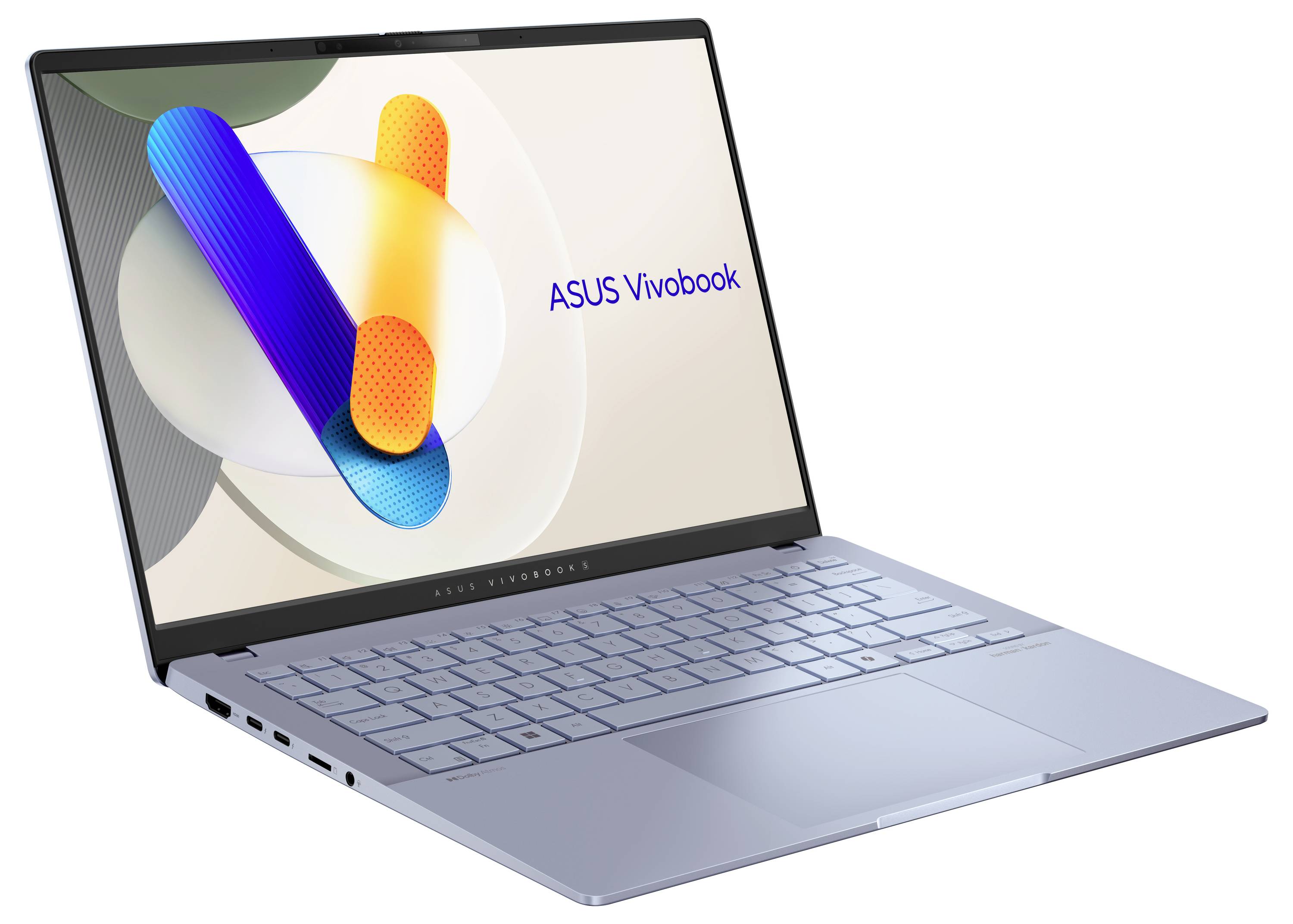 ASUS Vivobook Laptop, leicht nach rechts geneigt, zeigt ein farbenfrohes abstraktes Design mit „ASUS Vivobook" auf dem Bildschirm.