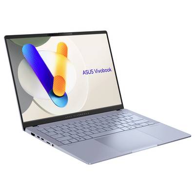 ASUS Vivobook Laptop, leicht nach rechts geneigt, zeigt ein farbenfrohes abstraktes Design mit „ASUS Vivobook" auf dem Bildschirm.