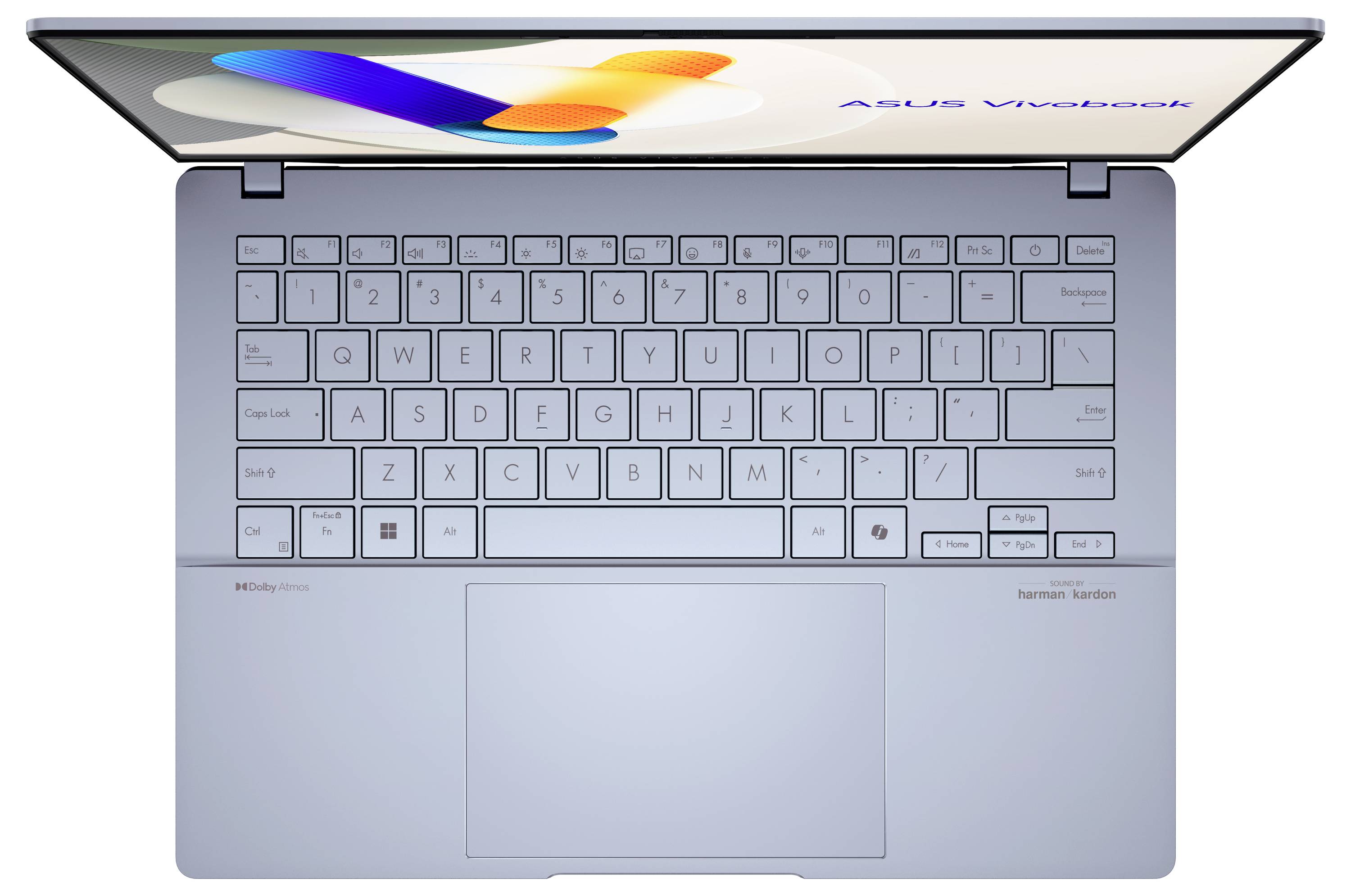 Ein silberner Laptop mit „ASUS Vivobook" auf dem Bildschirm, von oben betrachtet, zeigt eine kompakte Tastatur und ein großes Touchpad.