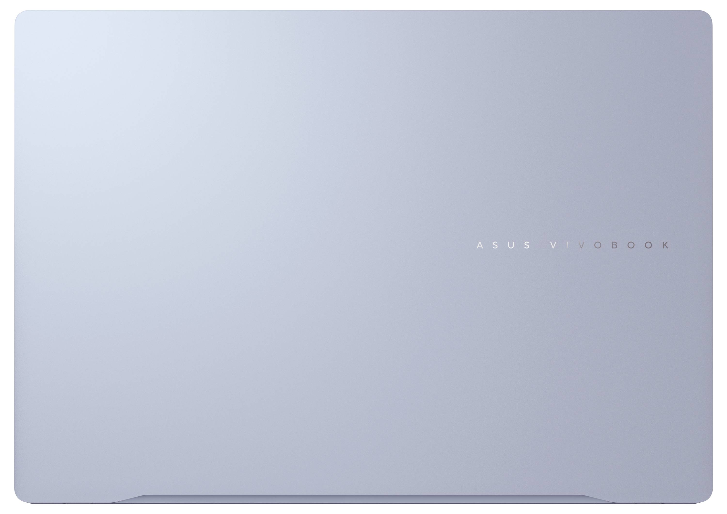 Ein geschlossenes silberfarbenes ASUS VivoBook Laptop mit dem „ASUS VivoBook"-Logo auf der Oberseite, aus einer Draufsicht gezeigt.
